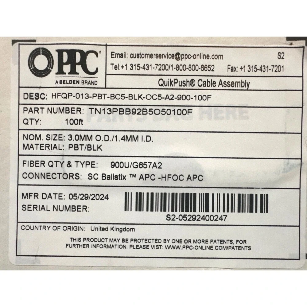 [5x] PPC Belden 3.0mm 900U / G657 A2/ TN13PBB92B5O50100F / SC BALISTIX / 500 FT